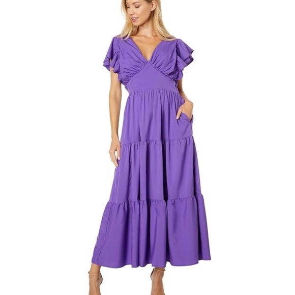 English Factory Purple Ruched Midi Dress with Flutter Sleeves - Picture 1 of 12